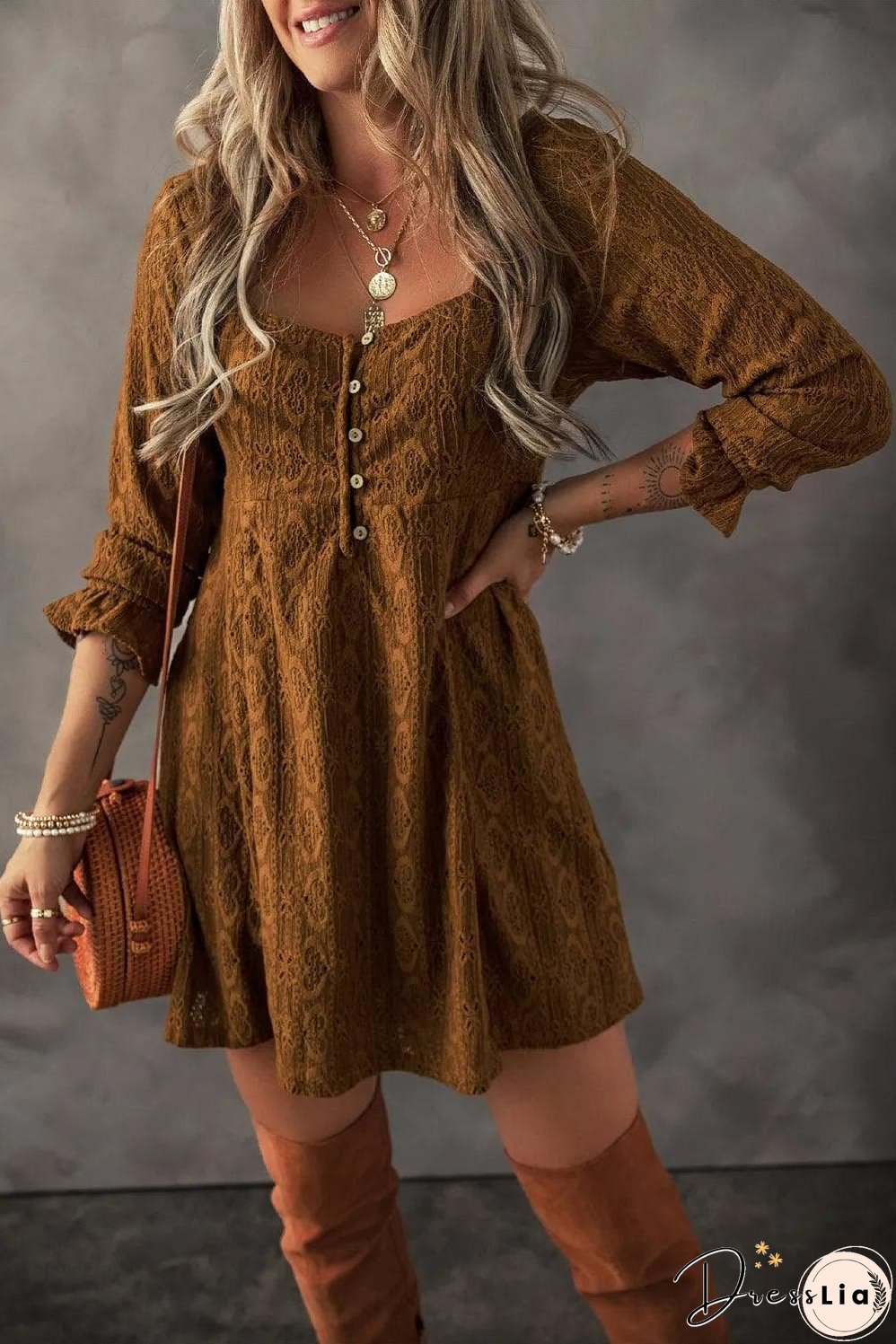 Chestnut Lace Crochet Buttoned Square Neck Shift Mini Dress