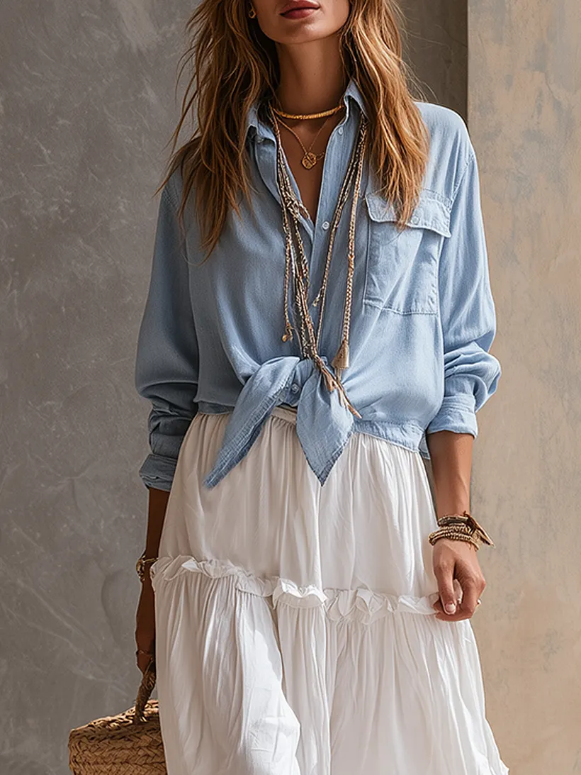 White maxi skirt with a relaxed chambray shirt
