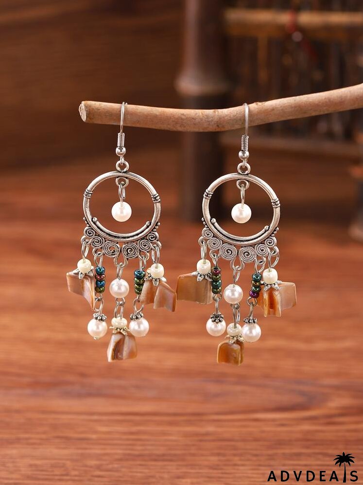 Faux Pearl Decor Bead Tassel Drop Earrings