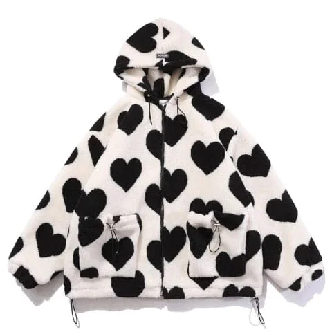 pornhint Pornhint Aolamegs Cute Heart-shaped Print Lambswool Winter Jacket Men Drawstring Pockets Zipper Hooded High Street Warm Couple Streetwear