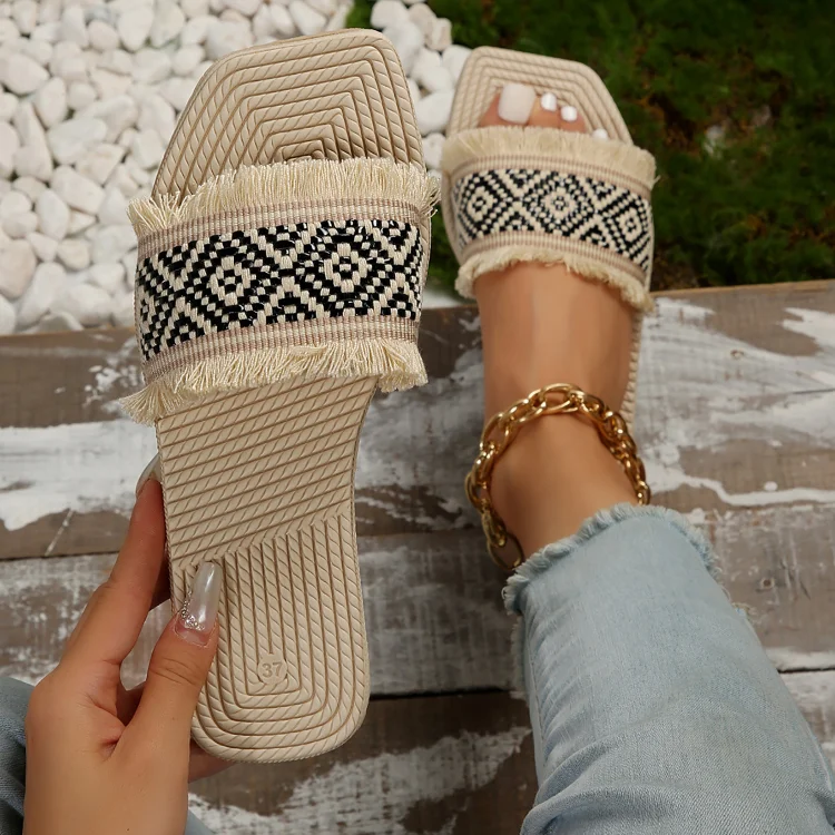 Tribal Pattern Fringed Square Toe Casual Boho Slippers