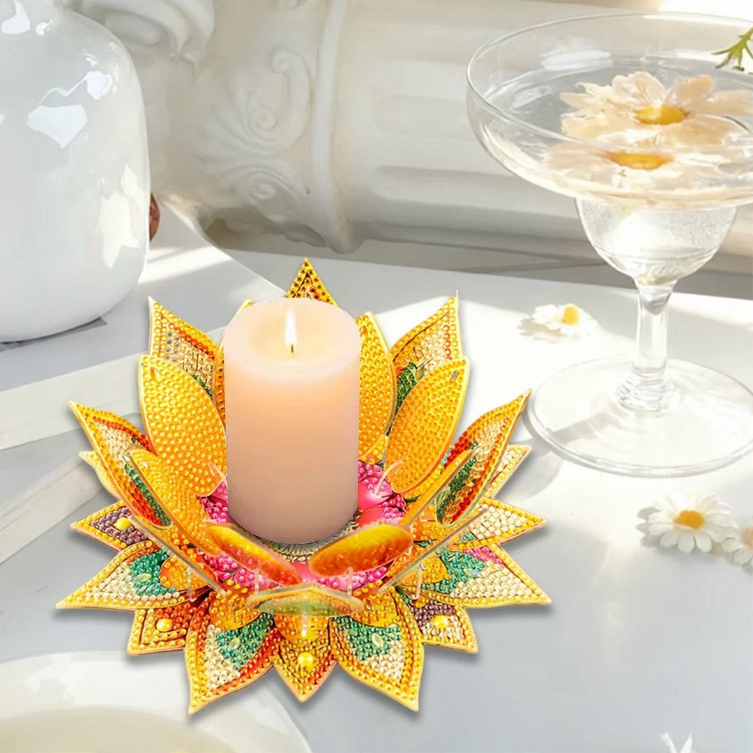 5D DIY Diamond Art Painting DIY Acrylic Desktop Ornament Flower Candle Holders Tealight Handmade Home Office Decor for Adults Beginners (Yellow Lotus)
