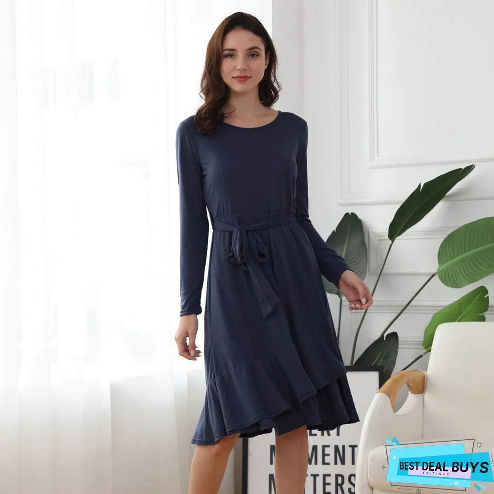 Solid Color Round Neck Ruffled Lace Dress