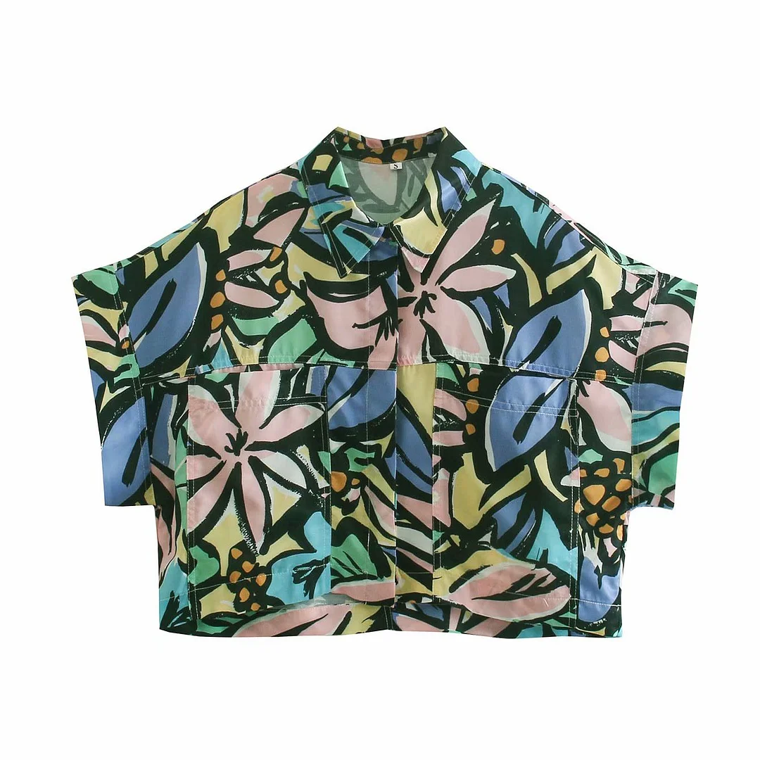 Zevity New Women Vintage Graffiti Leaves Print Short Shirt Office Lady Pockets Patch Loose Blouses Chic Summer Retro Tops LS9115