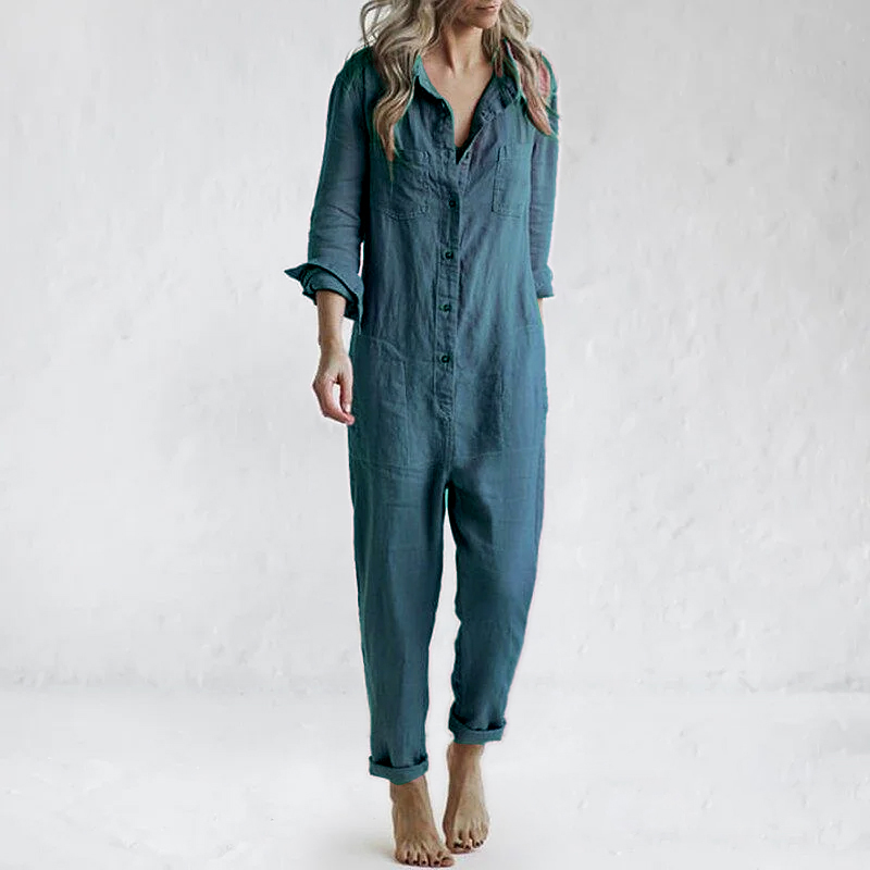 Casual lapel pocket long sleeve solid color cotton jumpsuit-coollova:luchamp