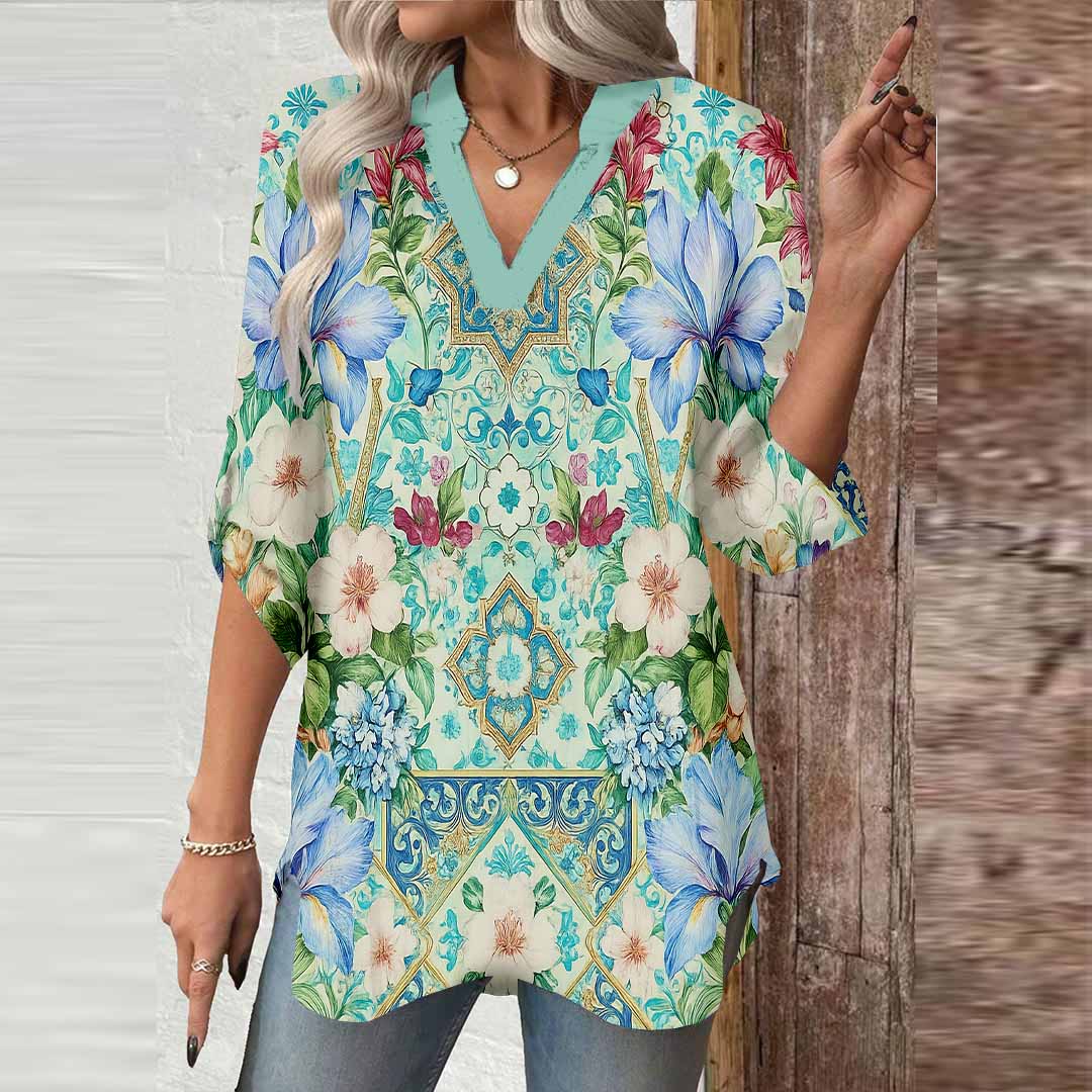 Women Floral, Green, Blue, Red DZGA0151 3/4 Sleeve V-neck Printed Graphic Button Tops