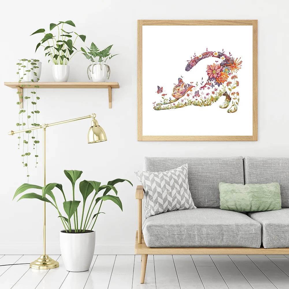 14CT Counted Partial Cross Stitch - Flowers Cat(40*40cm)