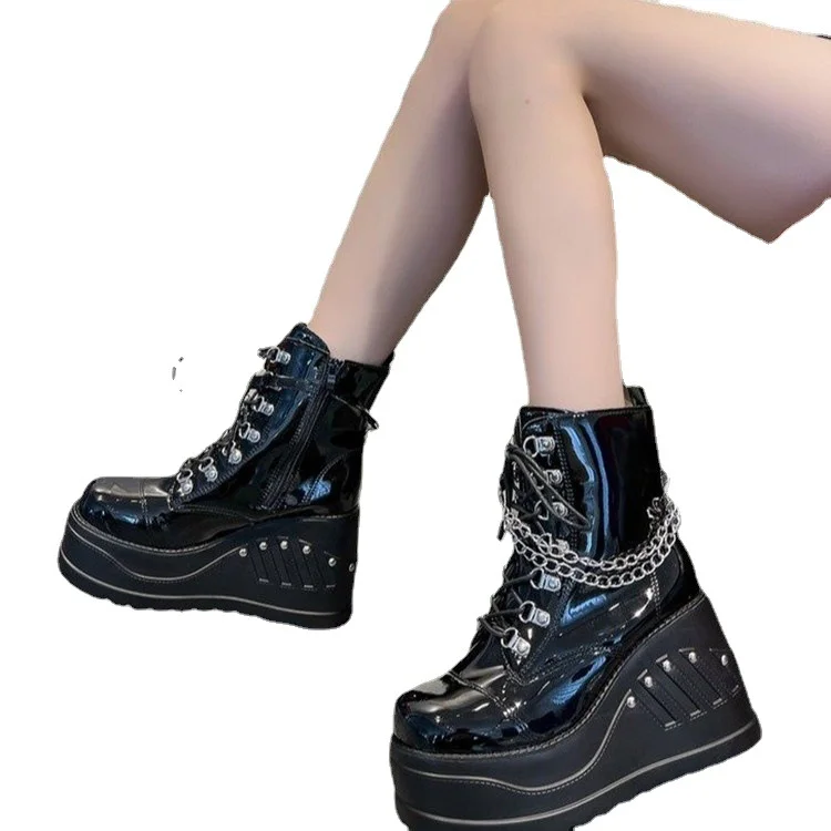 Qengg Qengg New Autumn And Winter Round Head Side Pull Chain Thick Bottom Short Boots Women 43 Large Slope And Martin Boots