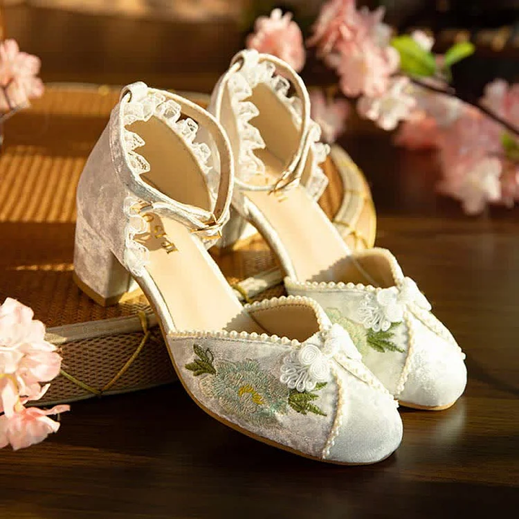 Vintage Blossom Embroidery Buckle Mary Janes Shoes - Modakawa modakawa