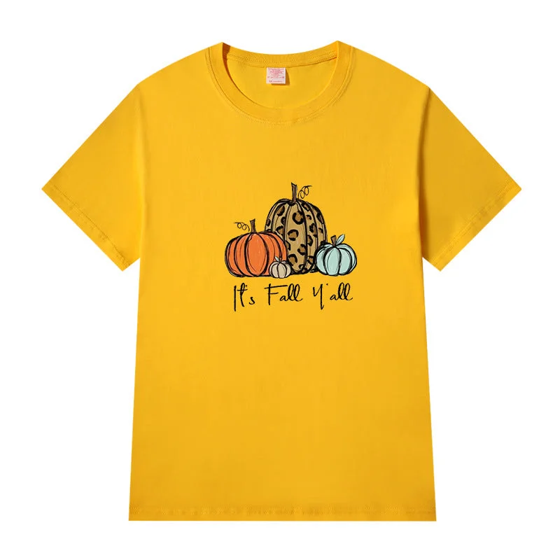 Short Sleeve Crew Neck Its Fall Yall Letter Printed T-shirt
