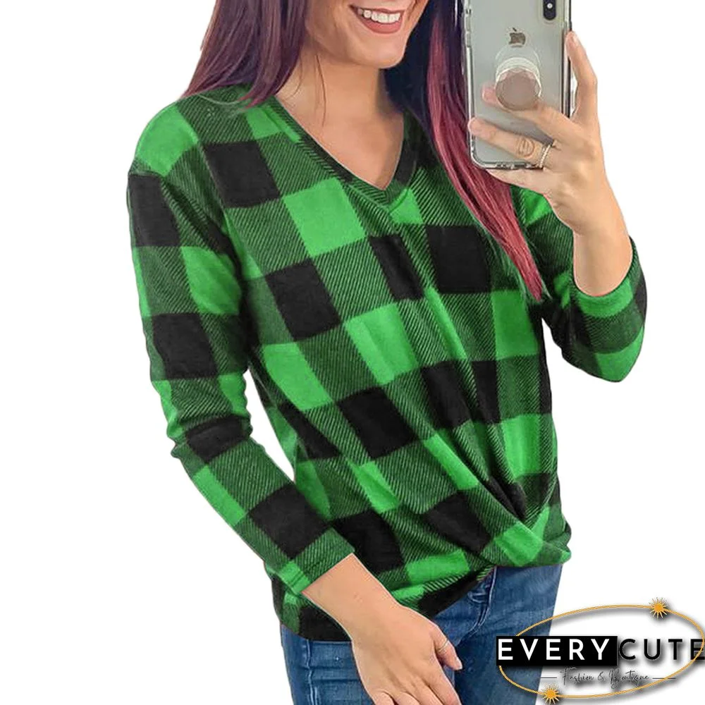 Green V Neck Plaid Print Long Sleeve Tops