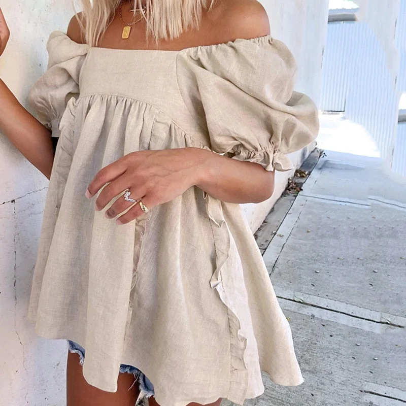 Women Vintage Ruffled Backless A-line Party Dress Lantern Sleeve Square Collar Hemp Mini Dress 2021 Summer Fashion Women Dress