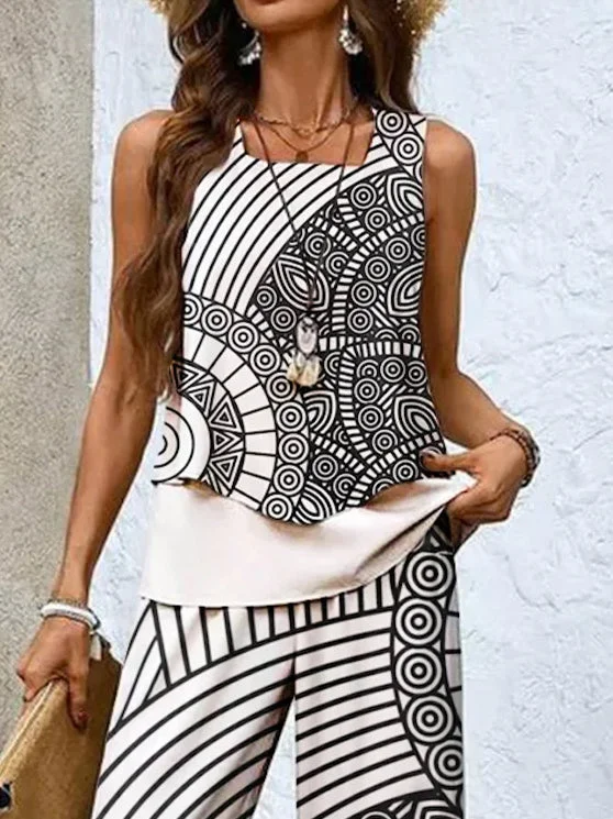 Women's Sleeveless Square Collar Graphic Printed Casual Set