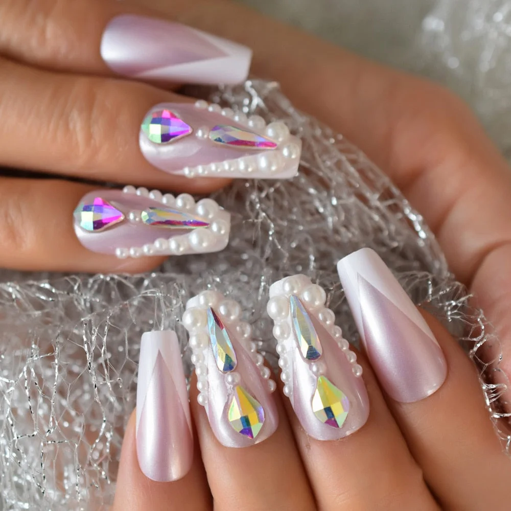 Luxury AB Stone Faux Ongles Rhinestones Decorative Extra Long Square Fake Nails Gegoues Designed Manicure Tips Nude Color-Nail Inspo