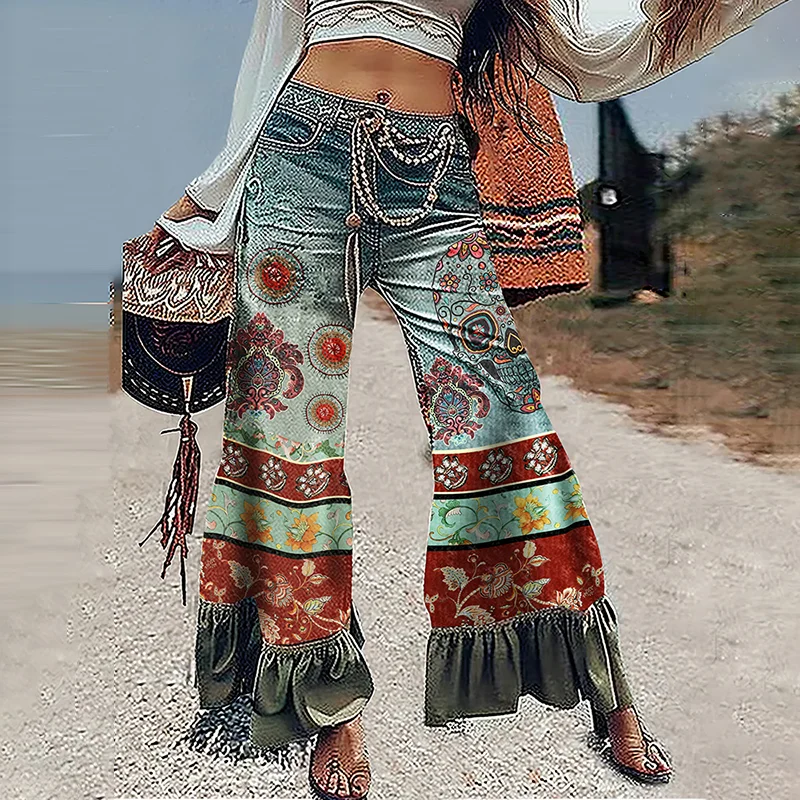 Vintage Boho Floral Patchwork Art Button High Waist Wide Leg Jeans