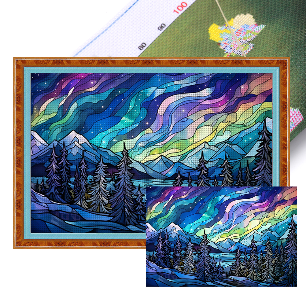 Glass Painting-Aurora Landscape Full 11CT Pre-stamped Canvas(60*40cm) Cross Stitch