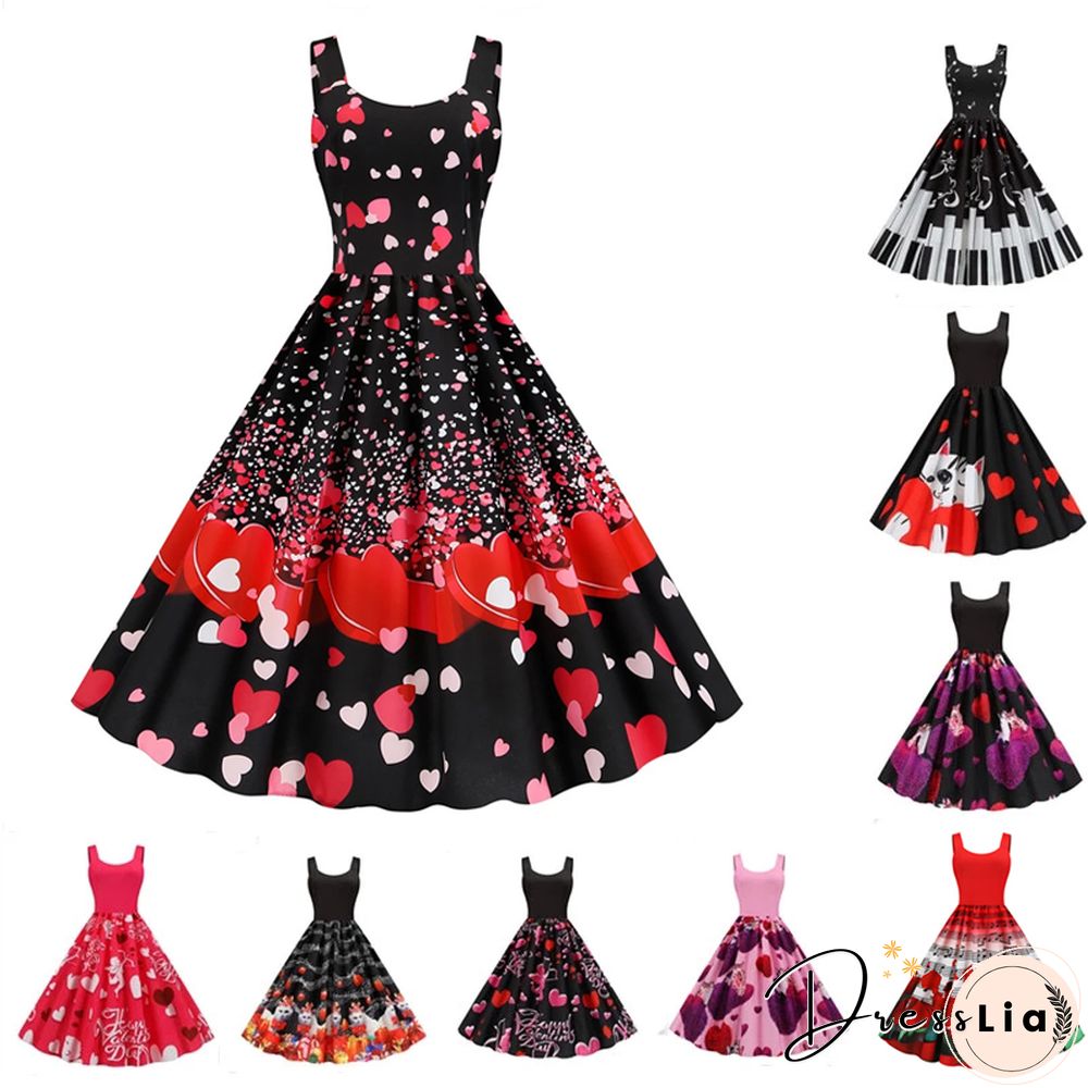 Sweet Heart Print Swing Vintage Women Summer Dress Sexy Halter Retro Rockabilly Rave Party