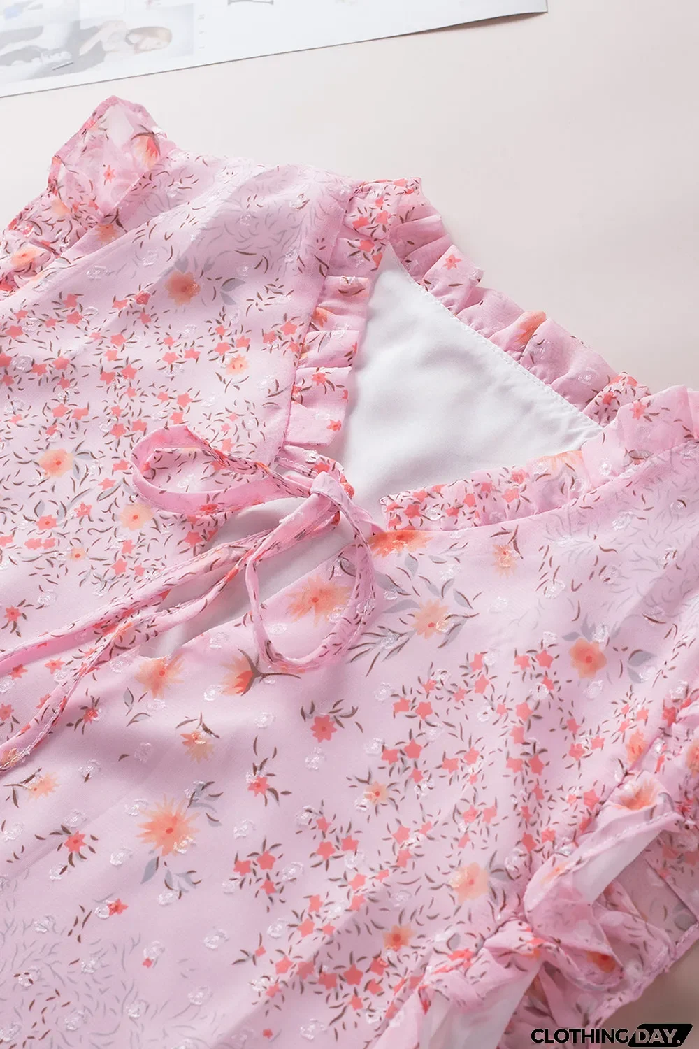 Pink Floral Print Drawstring Frill Trim Sleeveless Top