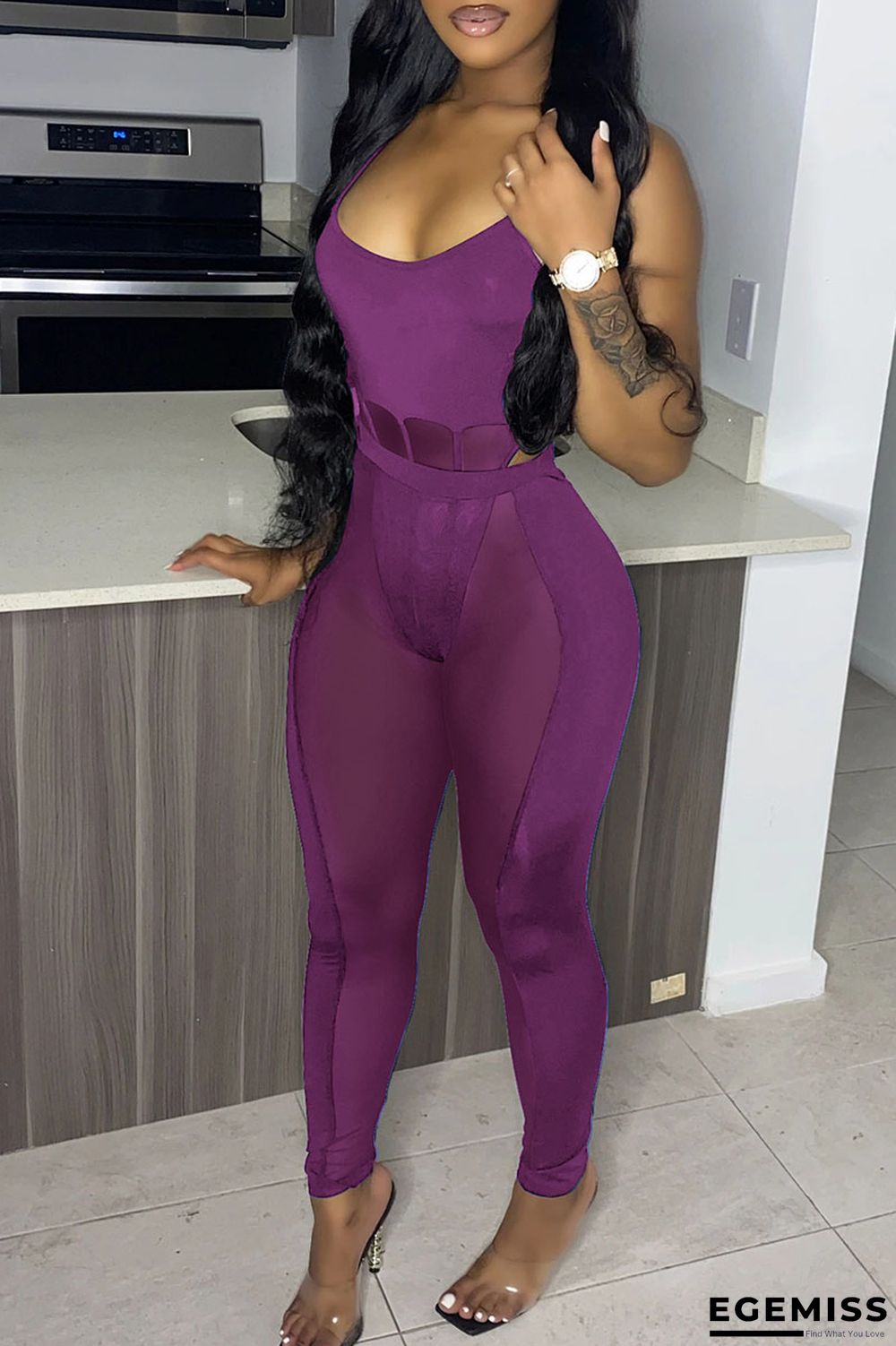 Purple Sexy Solid Patchwork See-through Spaghetti Strap Sleeveless Two Pieces | EGEMISS