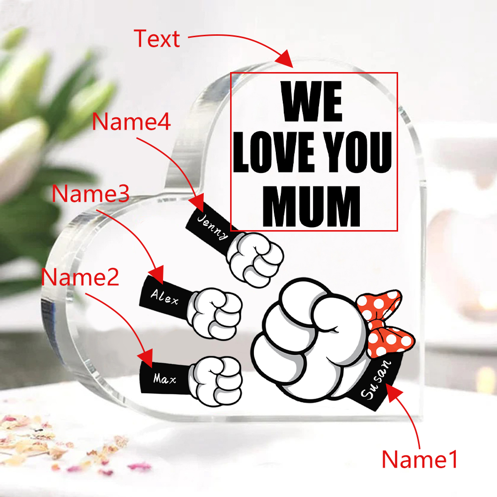 À ma Maman/Mamie - Plaque Acrylique en Forme de Cœur 4 Prénoms Personnalisés avec 1 Texte