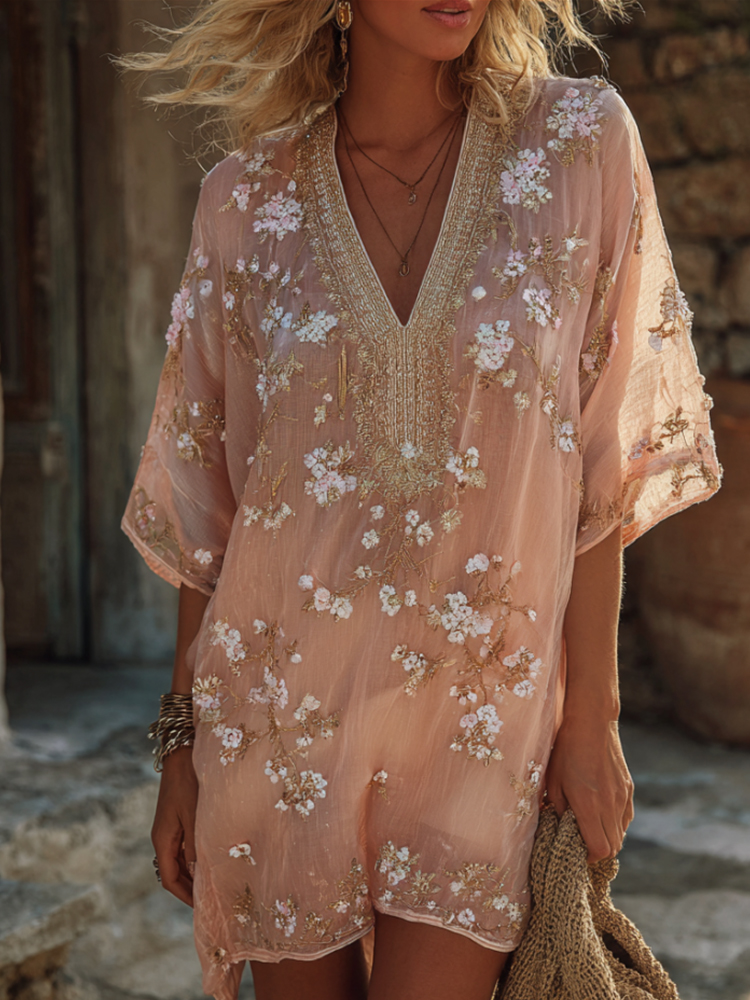 Women's Floral Embroidery Art V-neck Linen Blend Pink Lightweight Vacation Dress elevenforest