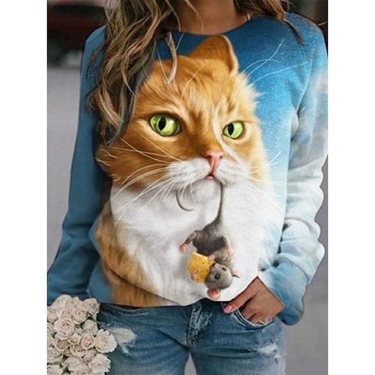 Artwishers Round Neck Animal Cat Print Sweatshirt