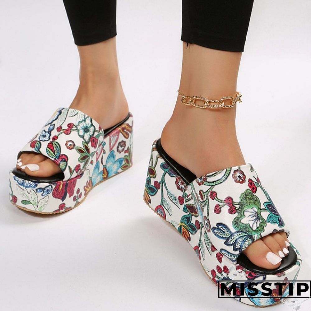 Black Patchwork Printing Round Out Door Wedges Shoes (Heel Height 2.36in)