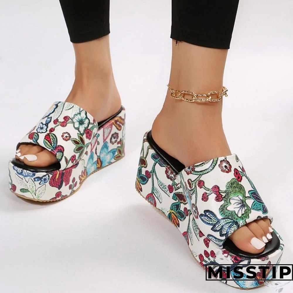 Black Patchwork Printing Round Out Door Wedges Shoes (Heel Height 2.36in)