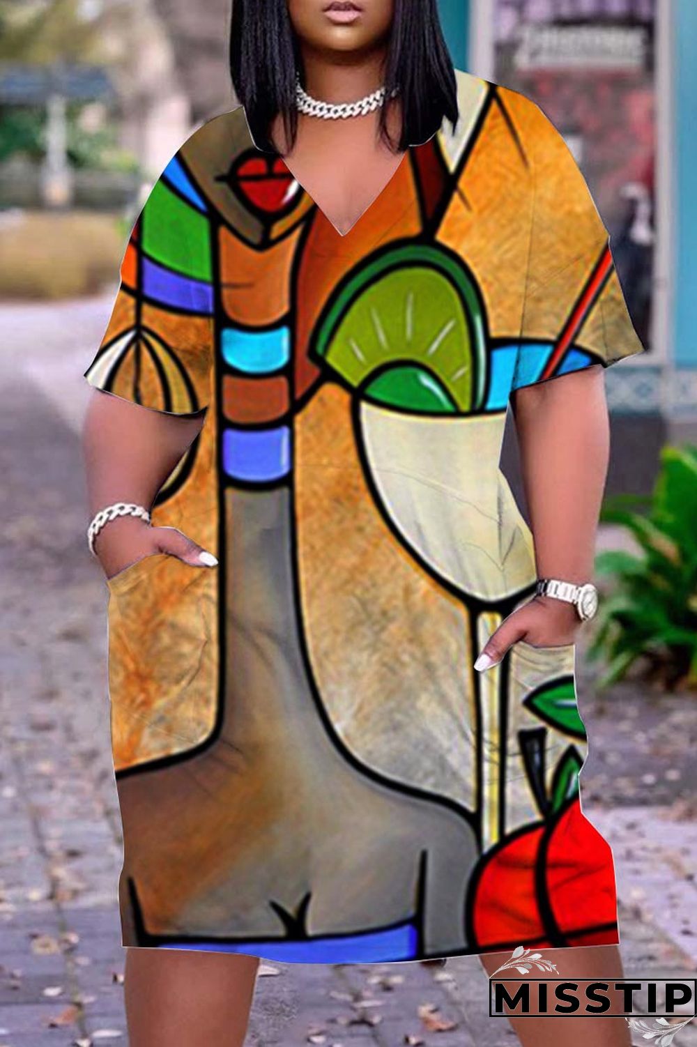 Black Casual Print Patchwork V Neck Straight Dresses