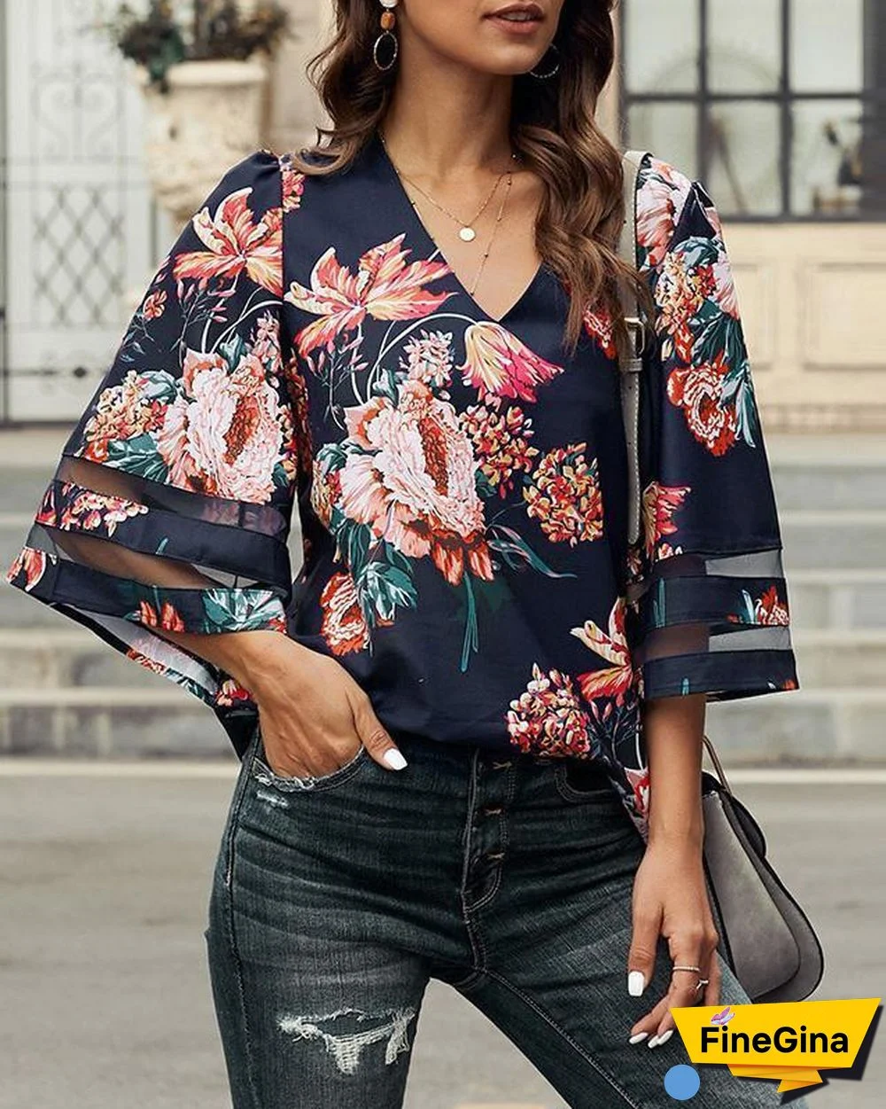 Floral Print V Neck Blouse (3 Color