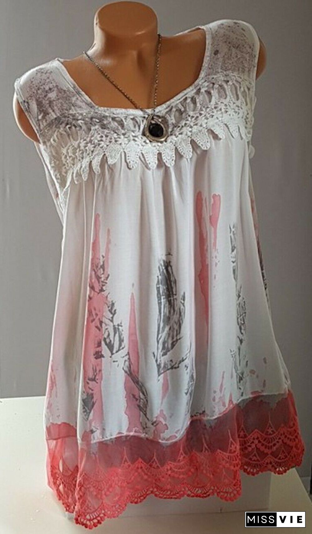 Women Sleeveless Printed Square Neck Lace Tops