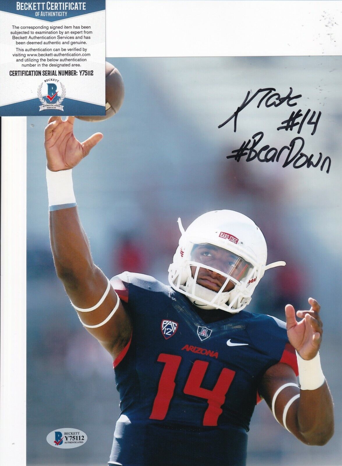 KHALIL TATE signed (ARIZONA WILDCATS) football Eagles 8X10 BECKETT BAS Y75112