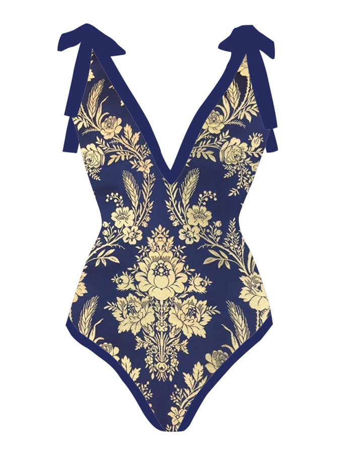 Vintage Print One Piece Swimsuit and Cover Up