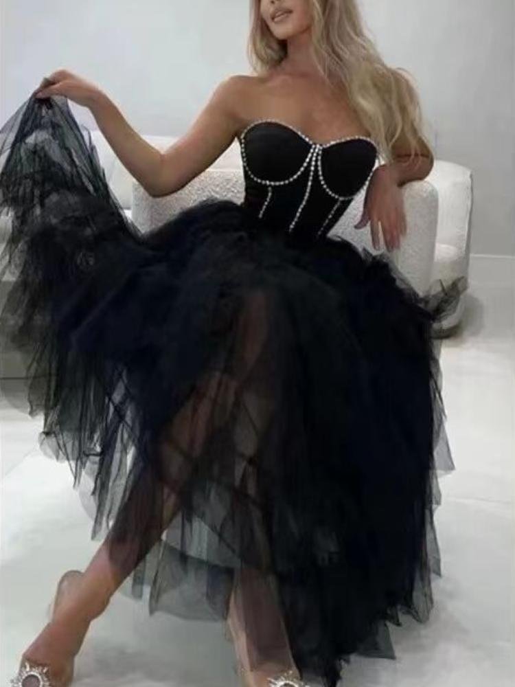 Neosepa-Off Shoulder Sleeveless Princess-seamed Bodice Rhinestone Black Mesh Prom Dress