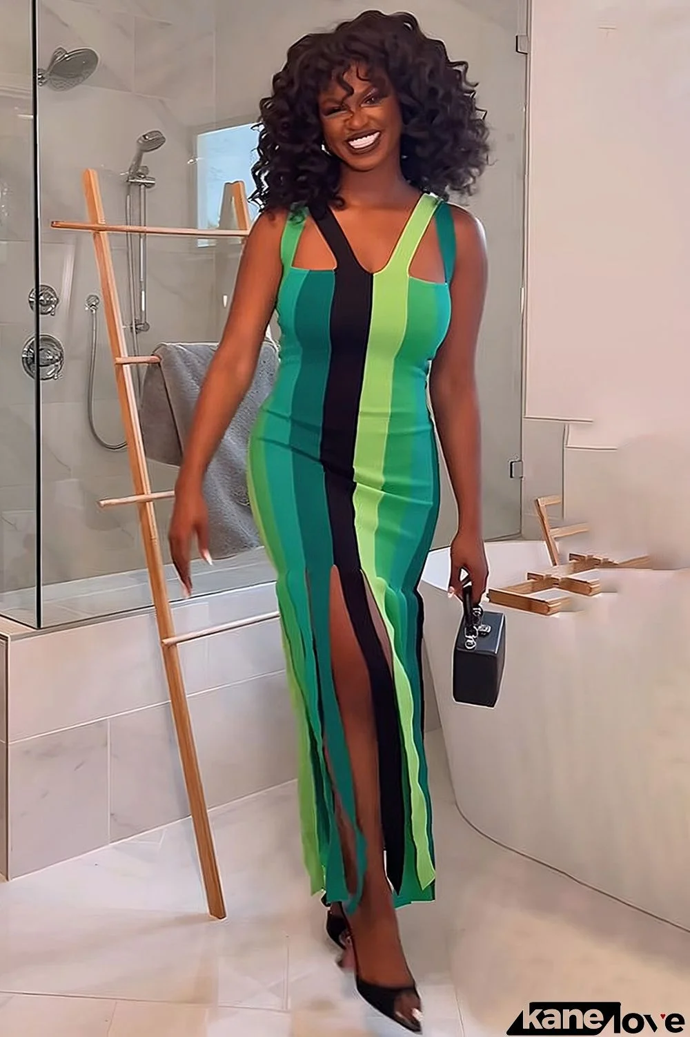 Knit Cut Out V Neck Sleeveless Fringed Hemline Vacation Maxi Dress