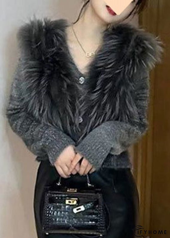 Art Grey V Neck Fur Collar Cotton Knit Sweater Winter | IFYHOME