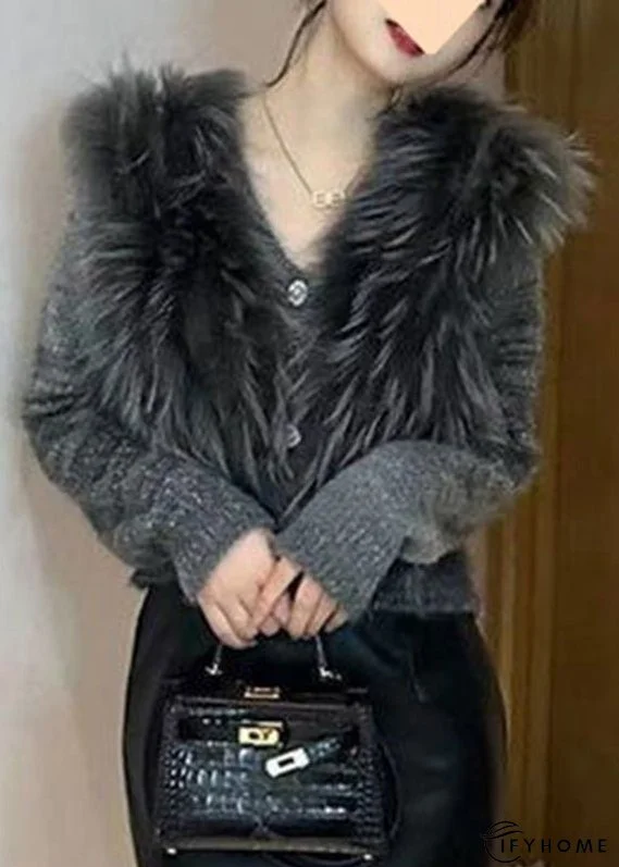 Art Grey V Neck Fur Collar Cotton Knit Sweater Winter | IFYHOME