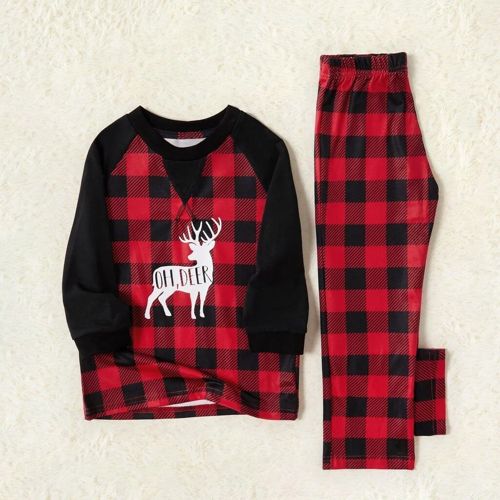 Christmas Deer Print Plaid Design Family Matching Pajamas Set