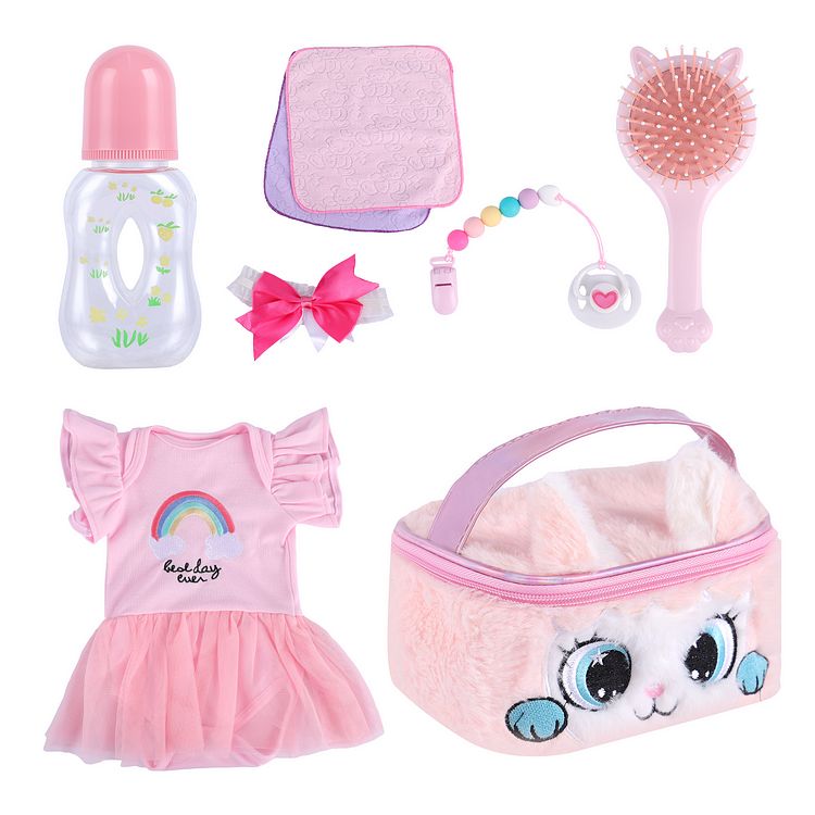 For Reborn Girl Baby Pink Cat Cosmetic Bag Accessories 7-Pieces Set