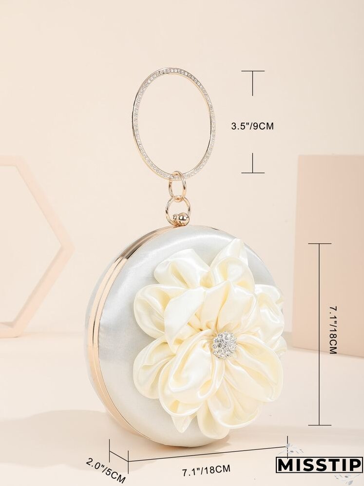 Rhinestone & Flower Decor Ring Handle Design Circle Bag