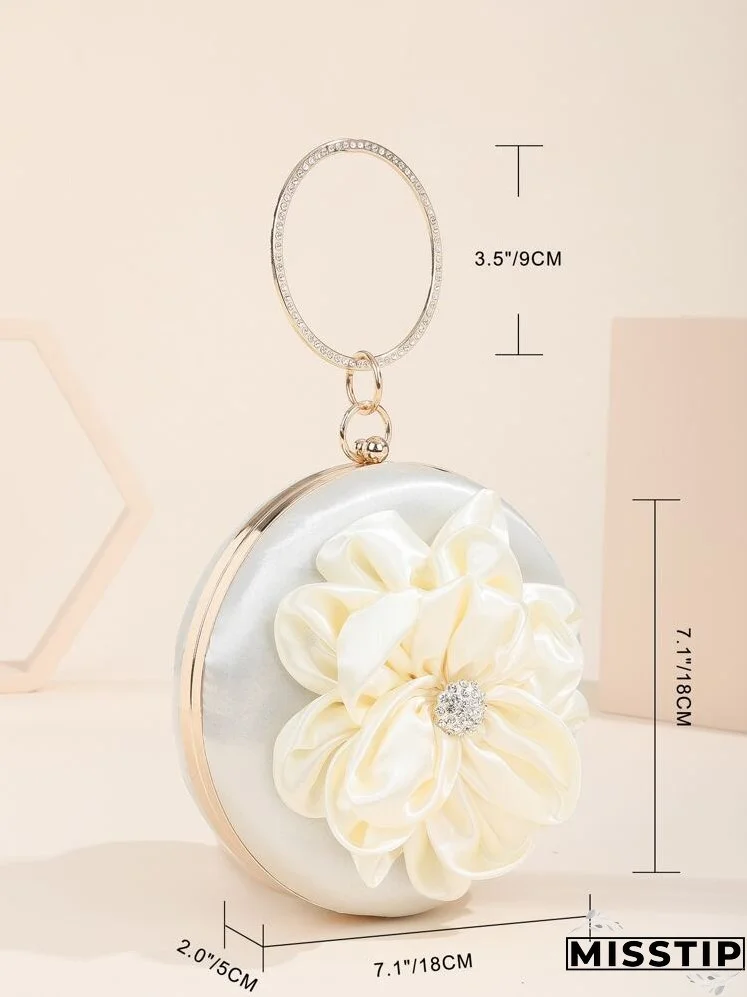 Rhinestone & Flower Decor Ring Handle Design Circle Bag
