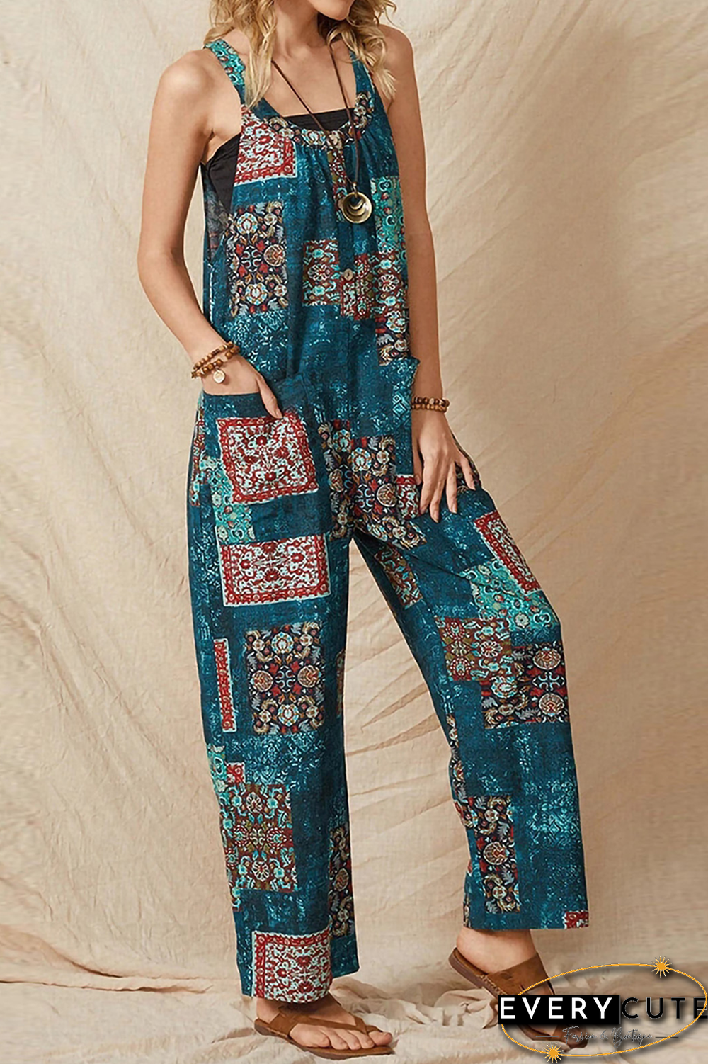 Street Print Split Joint Pocket U Neck Straight Jumpsuits