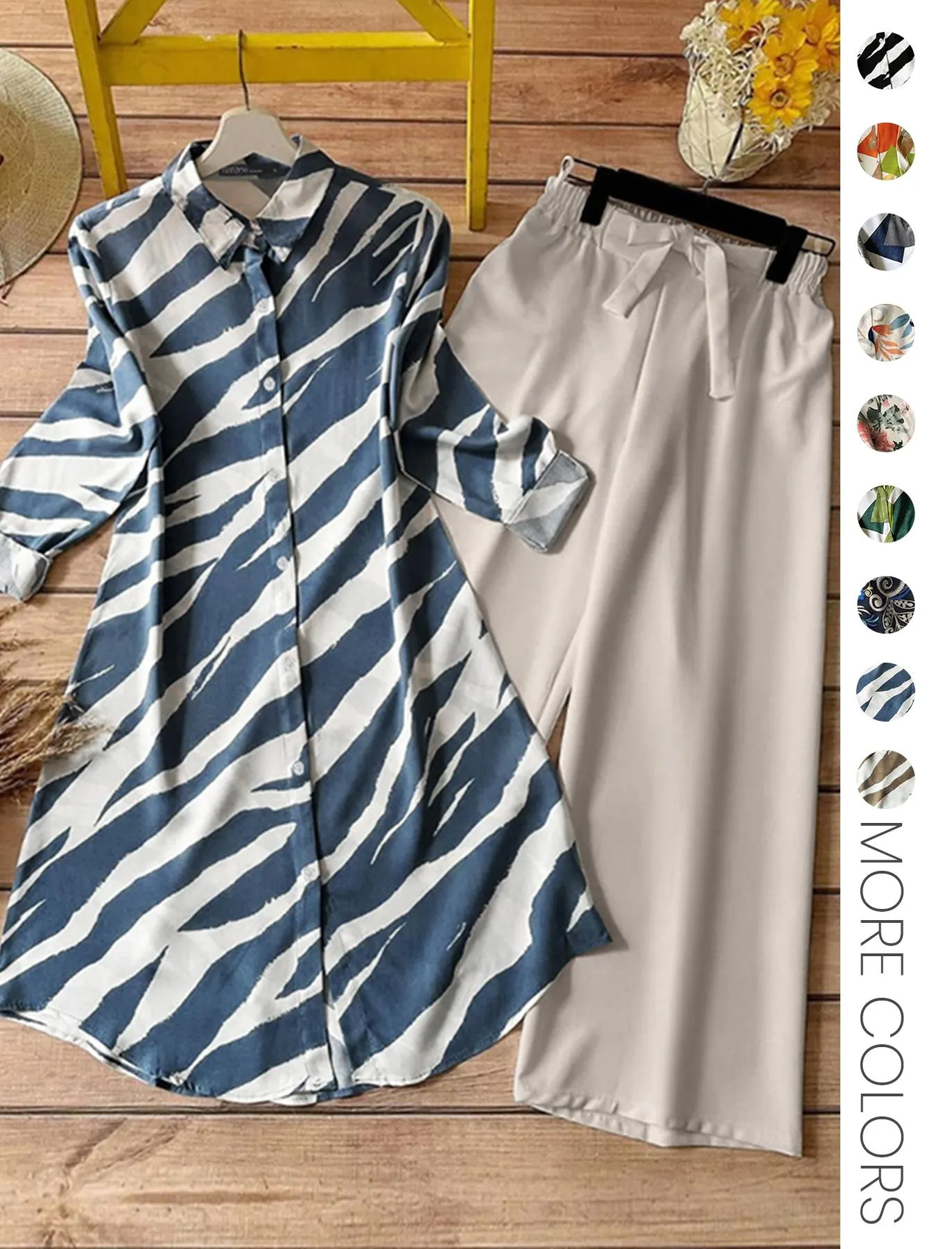 Two-piece Women's All-Over Print Button Shirt & Wide Leg Pants Set, Casual Long Sleeve Collared Top & Trousers for Daily Wear, Ladies Clothes for All Seasons