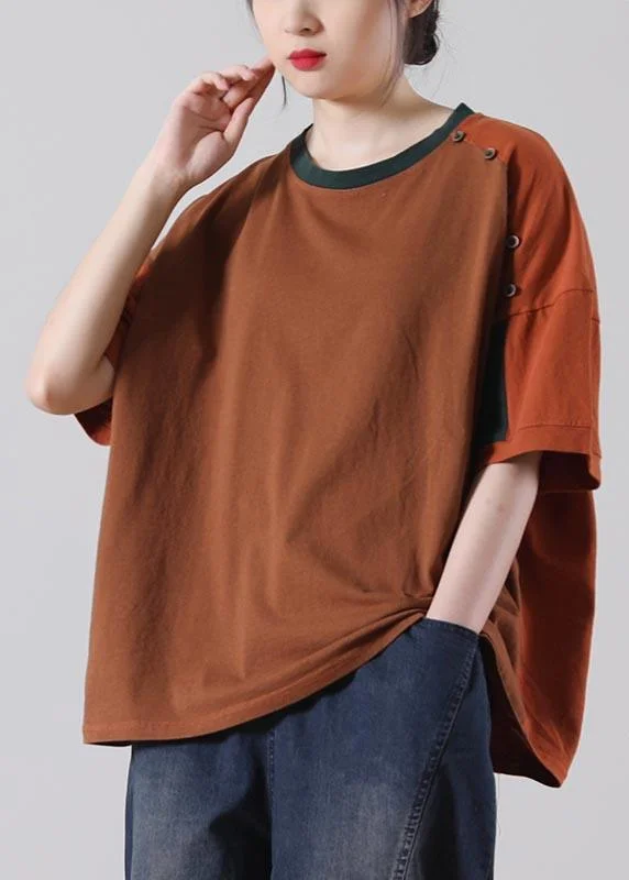 Simple Chocolate Patchwork O-Neck Cotton Top Summer