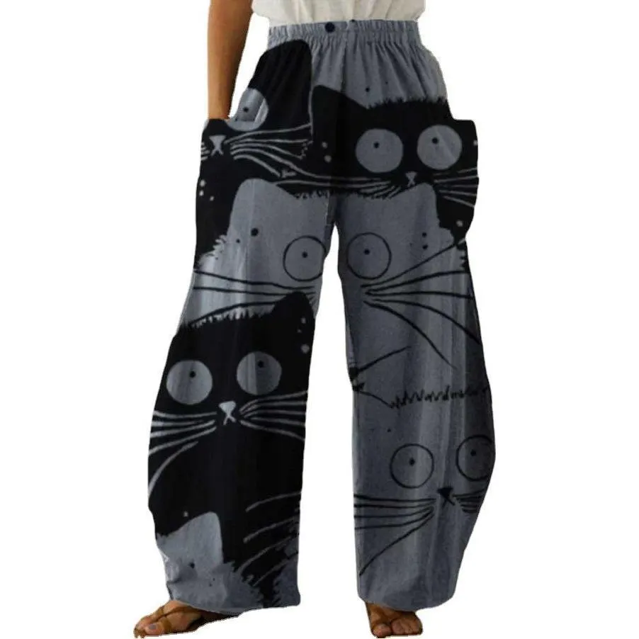  thdmladies Linen Cat Pattern Wide Leg Pants thedmladies