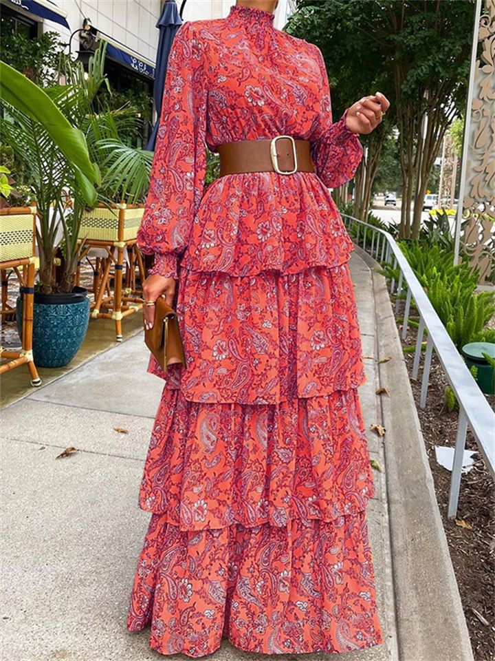 Explosion Women's Spring New Half-high Neck Ruffled Floral Print Temperament Commuter Long Dresses