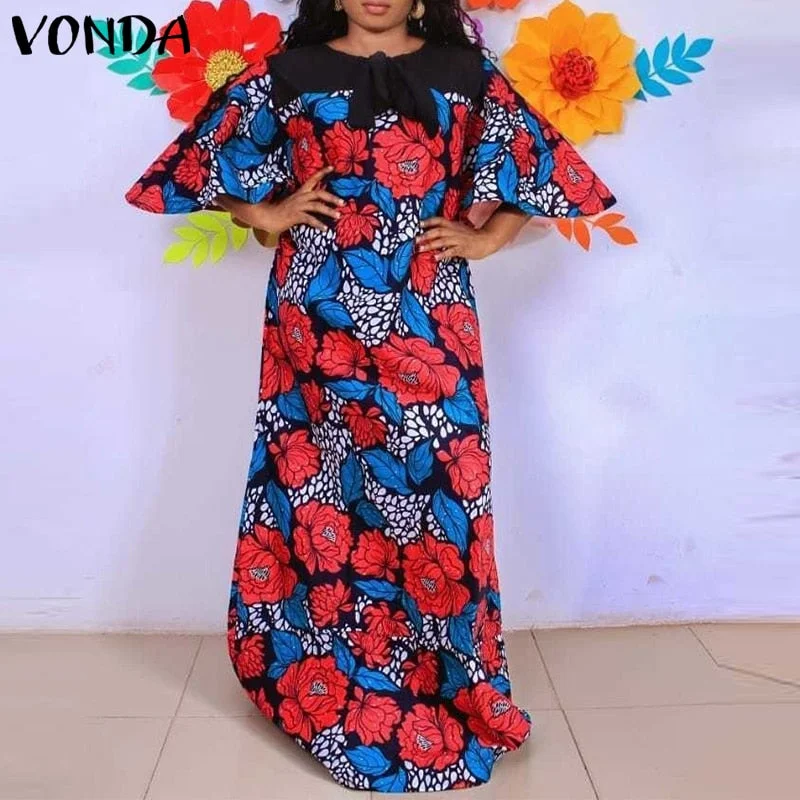 Summer Long Maxi Dress Women Bohemian Floral Printed Sundress 2022 VONDA Vintage Flare Sleeve Floor-Length Vestido Robe Longue