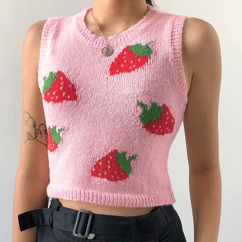 Rapcopter Strawberry Sweaters Pink Crop Top Sleeveless O Neck Cute Tank Top Preppy Style Retro Knitwear Jumper Autumn Winter Top
