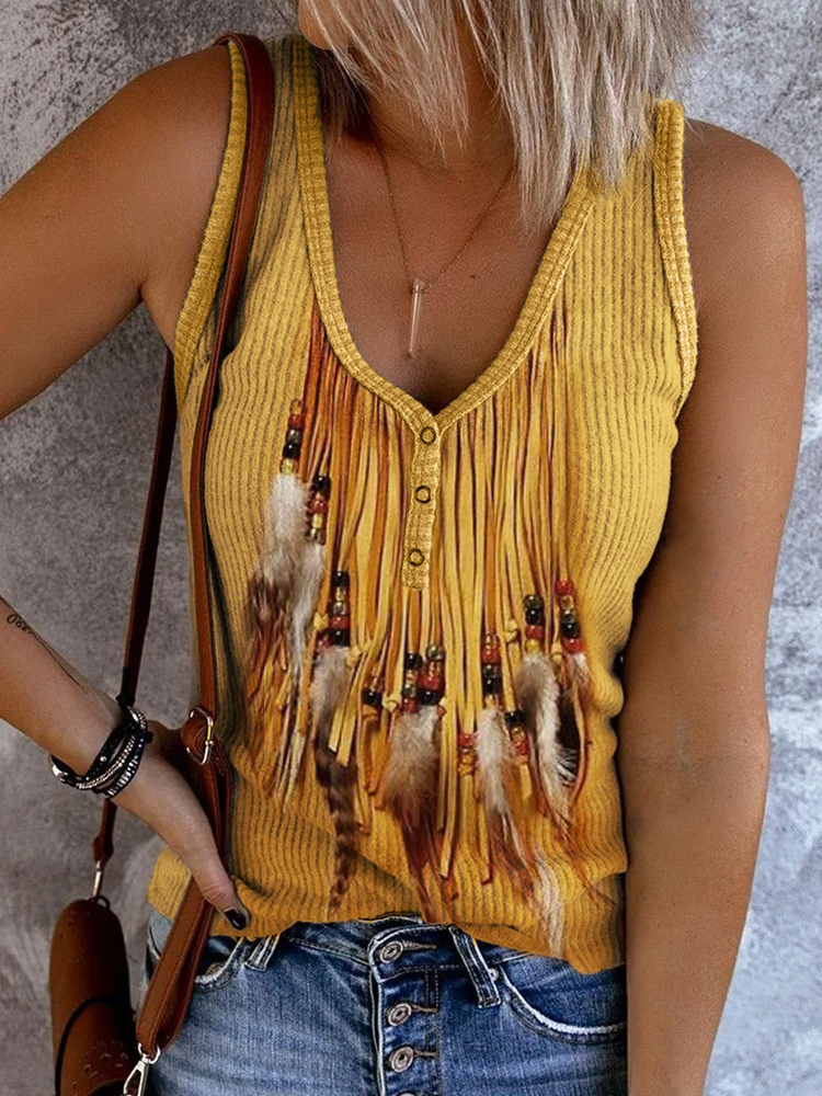  Feathers Beaded Fringe Button Up Tank Top Westsshops