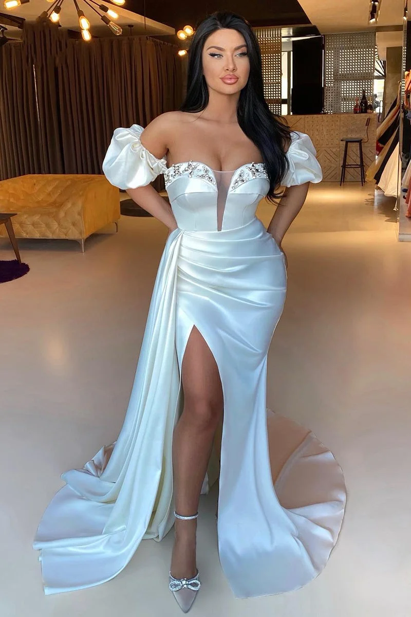 Bellasprom Off-the-Shoulder White Prom Dress Mermaid Slit Pleats With Beads